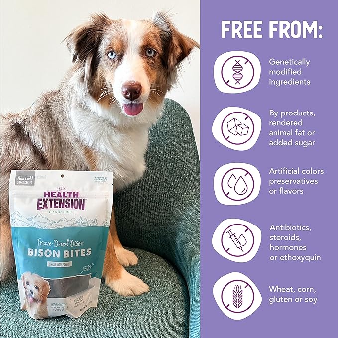 Health Extension 100% Pure Bison Bite Treats for Dogs-Single Ingredient, Grain-Free, High-Protein Snacks for All Breeds & Ages-Dried Bison(4.5Oz/127g)