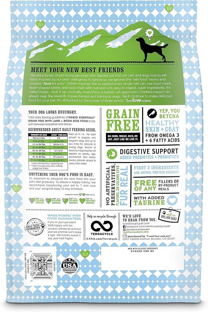 I and love and you Naked Essentials Dry Dog Food - Lamb + Bison - High Protein, Real Meat, No Fillers, Prebiotics + Probiotics, 23lb Bag