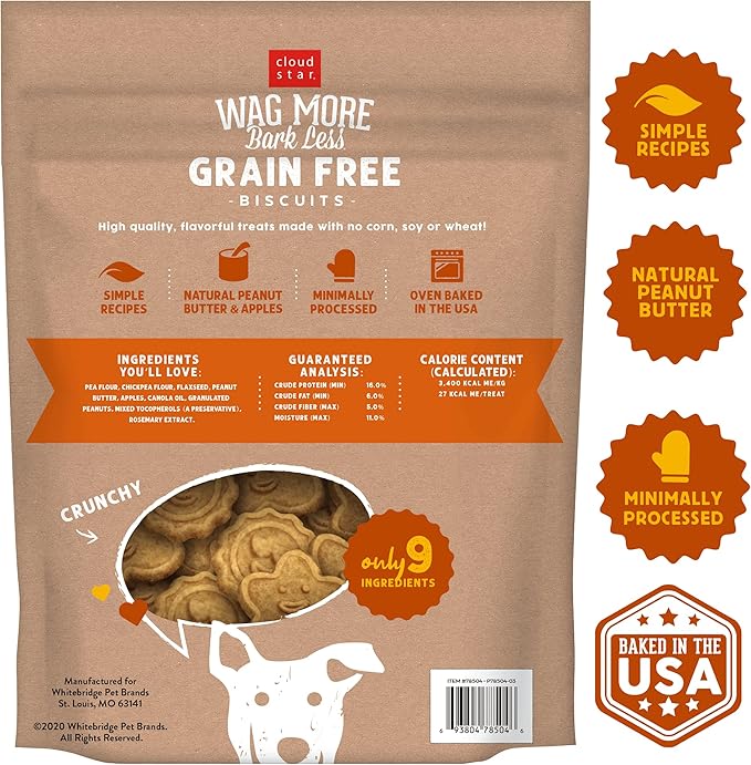 Cloud Star Wag More Bark Less - Dog Treats - Crunchy Biscuits - Grain Free Peanut Butter & Apples - 2.5 lb Pouch