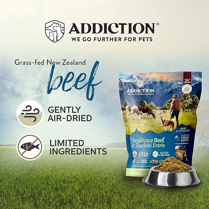 Addiction Steakhouse Beef & Zucchini Raw Alternative Dog Food - Gently Air-Dried Complete Meal or Dog Food Topper for Digestive and Skin and Coat Health, 2 lb