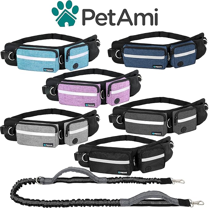 PetAmi Hands Free Dog Leash, Dog Running Leash Belt Bag for Walking, Jogging, Dog Waist Double Zipper Pouch with Poop Bag Dispenser, Dual Padded Handles Reflective Bungee Leash, Single