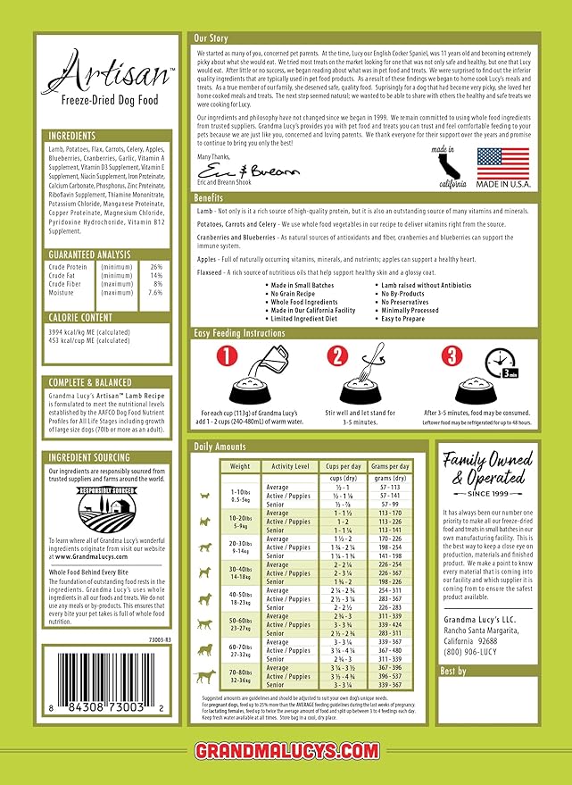 Grandma Lucy's Artisan Dog Food, Grain Free and Freeze-Dried - Artisan Lamb, 10Lb Bag