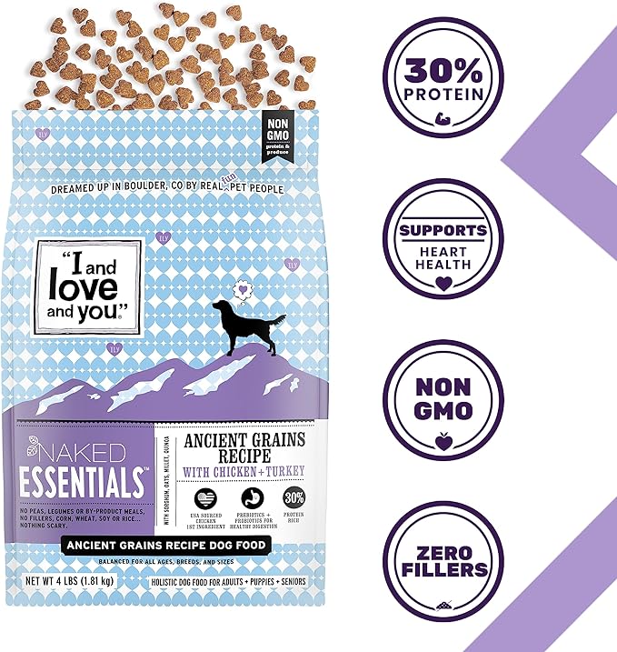 I and love and you Naked Essentials Ancient Grains Dry Dog Food - Chicken + Turkey - High Protein, Real Meat, No Fillers, 23lb Bag