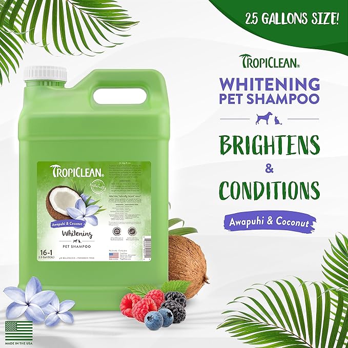 TropiClean Awapuhi Coconut Whitening Dog Shampoo for White Coats & All Coat Types | Natural Pet Shampoo Derived from Natural Ingredients | Cat Friendly | Made in the USA | 2.5 gal.