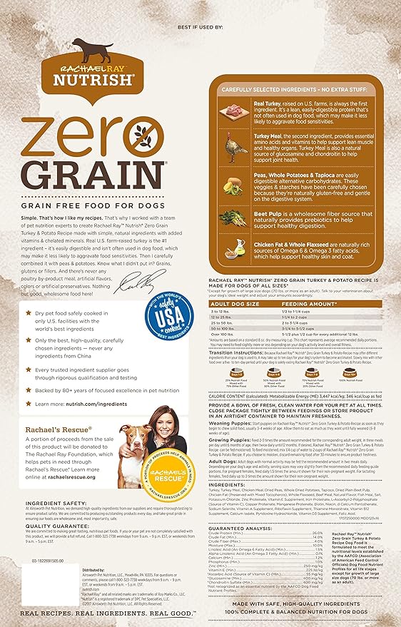 Rachael Ray Nutrish Zero Grain Natural Dry Dog Food, Turkey & Potato Recipe, 6 Pounds, Grain Free