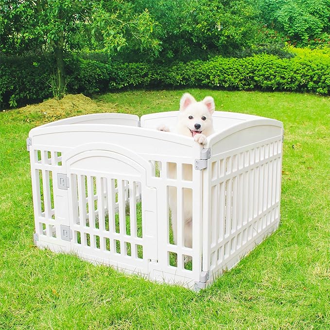 Pet Playpen with Mesh Fabric Top Cover Foldable Gate for Dogs Heavy Plastic Puppy Exercise Pen Small Pets Fence Puppies Folding Cage 4 Panels for Puppies and Small Dogs House White (33.5x33.5 Inches)