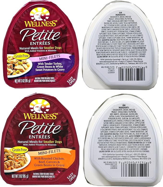 Wellness Petite Entrees Natural Grain Free Wet Dog Food Variety Pack - 8 Different Flavors - 3 Ounces Each (8 Total Entrees)