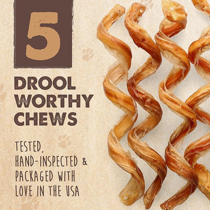 Mighty Paw Naturals Curly Bully Sticks for Dogs - Grass Fed Beef Dog Chews. Dog Bully Sticks for Large Dogs, Medium, Small Breeds. Lower Odor Bully Sticks for Small Dogs. Single Ingredient 12”, 5 Pack