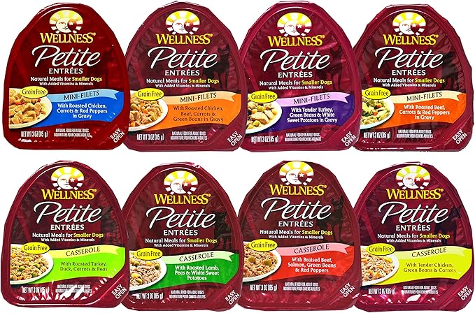 Wellness Petite Entrees Natural Grain Free Wet Dog Food Variety Pack - 8 Different Flavors - 3 Ounces Each (8 Total Entrees)