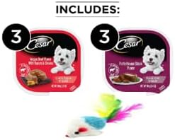 Cesar Soft Wet Dog Food Loaf & Topper in Sauce Angus Beef Flavor with Bacon & Cheese and Porterhouse Steak Flavor with Peas & Carrots Variety Pack, (6) 3.5 oz. Easy Peel Trays with a Mouse Toy