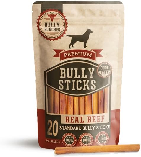 Bully Bunches Premium 6 Inch Standard Odor-Free Bully Sticks for Small to Medium Dogs & Puppies - Long Lasting Chews for Oral Care - All Natural, 100% Beef Dog Treats, Rawhide Free (20 Pk)