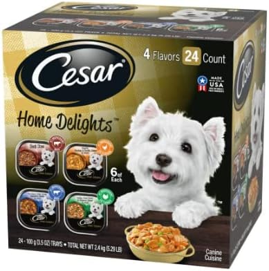 Cesar Home Delights Soft Wet Dog Food Pot Roast & Vegetable, Beef Stew, Turkey Potato & Green Bean, and Hearth Chicken & Noodle Variety Pack, 3.5 Ounce (Pack of 24), Easy Peel Trays with a Mouse Toy