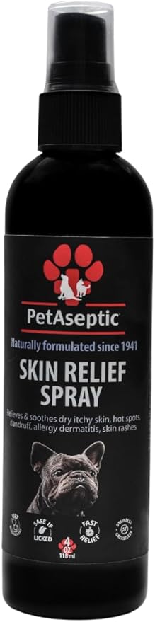 Skin Relief Spray for Dogs | Relieves Dry Itchy Skin, Hot Spots, Dandruff, Allergy Dermatitis, & Skin Rashes | Clear, Stainless, & Greaseless | Provides Fast, Temporary Relief | 4oz Spray