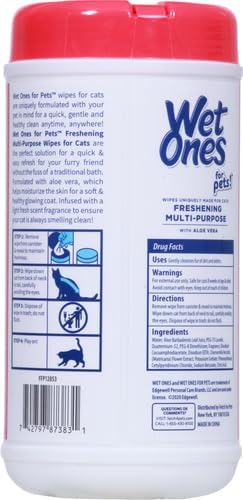 Wet Ones for Pets Freshening Multipurpose Wipes for Cats with Aloe Vera | Easy to Use Cat Cleaning Wipes, Freshening Cat Grooming Wipes for Pet Grooming in Fresh Scent | 50 ct Cannister Cat Wipes