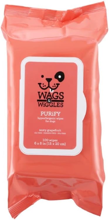 Wags & Wiggles Purify Hypoallergenic Wipes for Dogs Gently Clean & Condition Your Dog's Coat without A Bath Zesty Grapefruit Scent Your Dog Will Love, (Pack of 1, 100 Count Total)
