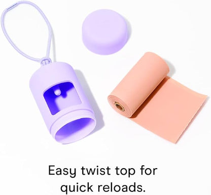 Wild One Dog Poop Bag Holder and Dispenser with Leash Attachment, Leak Proof, Easy Twist Top for Refills, Includes 1 Roll Poop Bags, Lilac
