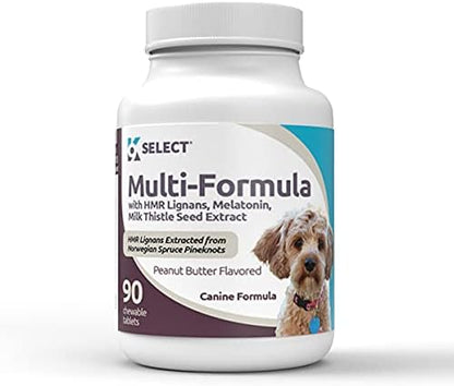 Multi-Formula Dog Supplement for Smaller Dogs - 10mg HMR Lignans, 1mg Melatonin, 20mg Milk Thistle - Helps Heart, Liver, Digestion, Skin & Coat Health, 90 Peanut Butter Chewable Tabs