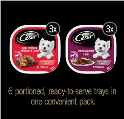 Cesar Soft Wet Dog Food Loaf & Topper in Sauce Angus Beef Flavor with Bacon & Cheese and Porterhouse Steak Flavor with Peas & Carrots Variety Pack, (6) 3.5 oz. Easy Peel Trays with a Mouse Toy