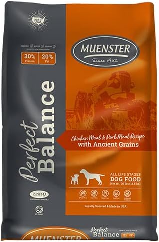 Muenster Perfect Balance Chicken & Pork Meal w/Ancient Grains Dog Food (30lb) - Gluten Free Dry Dog Food– Non-GMO Sensitive Stomach Dog Food - Balanced Dog Kibble for All Breeds & Life Stages