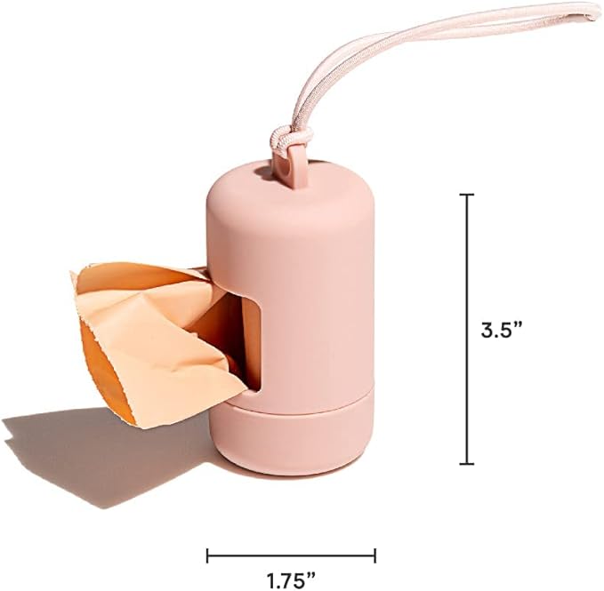 Wild One Dog Poop Bag Holder and Dispenser with Leash Attachment, Leak Proof, Easy Twist Top for Refills, Includes 1 Roll Poop Bags, Blush