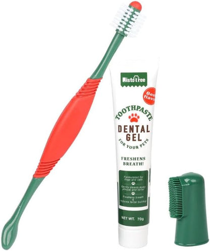 Pets Toothbrush Kit,3 Pieces Set with Toothpaste Fingerbrush and Toothpaste,Teeth Cleaning for Cat and Dog Pet Oral Care Fresh Toothbrush Beef Flavor Tooth Brushing Kit for Puppies Kitten