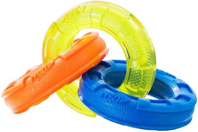 Nerf Dog 7.5in Rubber 3-Ring Tug Dog Toy, Lightweight, Durable and Water Resistant Dog Toy for Small Dogs, Single Unit, Blue/Green/Orange