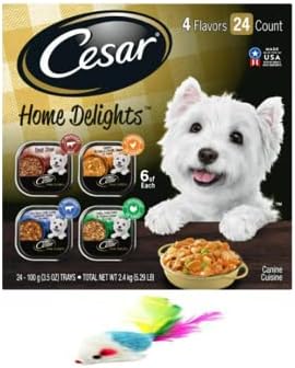 Cesar Home Delights Soft Wet Dog Food Pot Roast & Vegetable, Beef Stew, Turkey Potato & Green Bean, and Hearth Chicken & Noodle Variety Pack, 3.5 Ounce (Pack of 24), Easy Peel Trays with a Mouse Toy