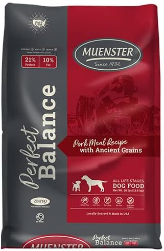 Muenster Perfect Balance Pork Meal w/Ancient Grains Dog Food (30lb) - Gluten Free Dry Dog Food – Non-GMO Gluten Free Dog Food - Complete & Balanced Dog Kibble for All Breeds & Life Stages