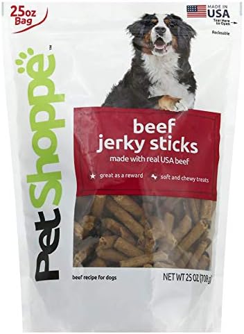 PetShoppe Beef Jerky Sticks Dog Treat Free of Corn, Soy, Wheat, and Gluten - Made and Sourced in The USA. (25 OZ)