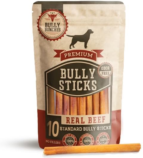 Bully Bunches Premium 6 Inch Standard Odor-Free Bully Sticks for Small to Medium Dogs & Puppies - Long Lasting Chews for Oral Care - All Natural, 100% Beef Dog Treats, Rawhide Free (10 Pk)