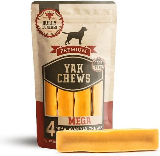 Bully Bunches Mega Authentic Yak Cheese Himalayan Chews for Giant Dogs & Super Aggressive Chewers - All Natural Dog Treat Dental Chews, Made with Real Yak Milk - Lactose & Rawhide Free (4 PK)