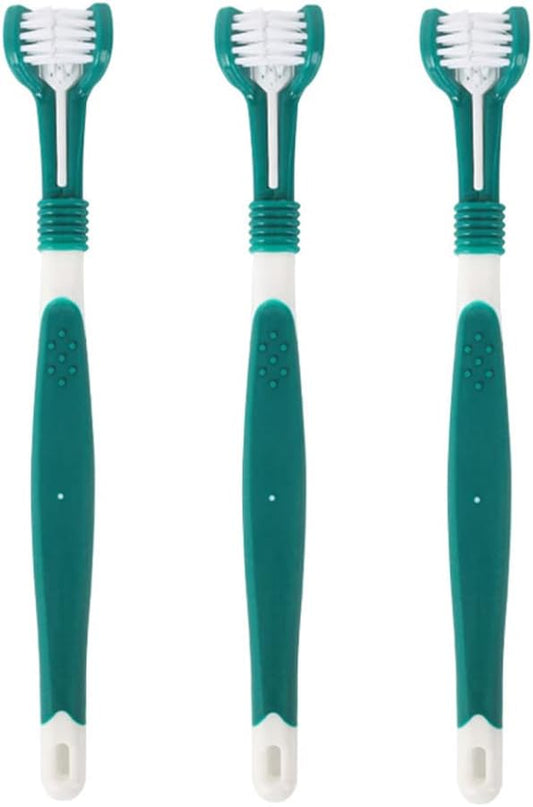 3 Pieces Plastic Nylon Three Head Multi Angle Toothbrush Cleaning Dog Cat Brush Bad Breath Teeth Care Tool,Dark Green