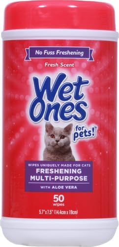 Wet Ones for Pets Freshening Multipurpose Wipes for Cats with Aloe Vera | Easy to Use Cat Cleaning Wipes, Freshening Cat Grooming Wipes for Pet Grooming in Fresh Scent | 50 ct Cannister Cat Wipes