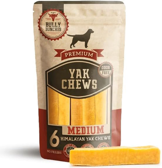 Bully Bunches Medium Authentic Yak Cheese Himalayan Chews for Medium & Small Dogs - All Natural Dog Treat Dental Chews, Made with Real Yak Milk - Lactose & Rawhide Free (6 Pk)