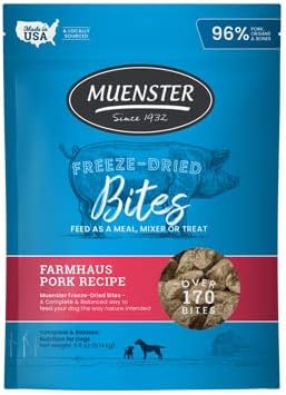 Muenster Freeze Dried Dog Food Topper Bites (5oz) - Farmhaus Pork Freeze Dried Raw Dog Food w/Organic Minerals - Pork & Organ Meats Meal Toppers for Dogs - Freeze Dried Dog Treats for Training
