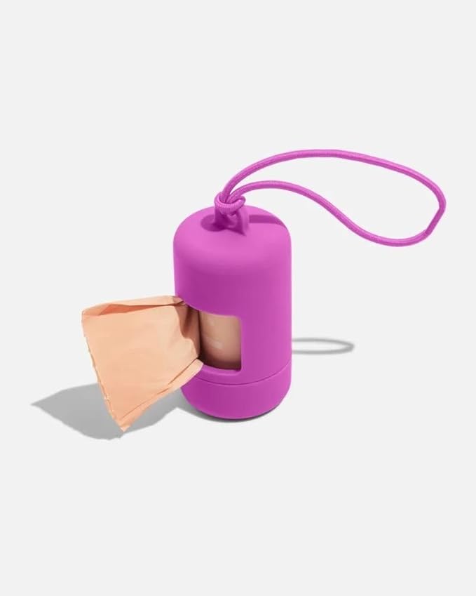Wild One Dog Poop Bag Holder and Dispenser with Leash Attachment, Leak Proof, Easy Twist Top for Refills, Includes 1 Roll Poop Bags, Orchid