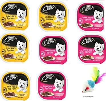 Cesar Classic Wet Dog Food, 2 Flavor Variety (8 Count) -(4) Cesar Grilled Steak & Egg (4) Cesar Smoked Bacon & Egg with a Small Mouse Toy