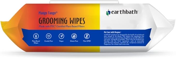 earthbath, Mango Tango Grooming Wipes - Dog Wipes for Paws and Butt, Best Pet Wipes for Dogs & Cats, Made in USA, Cruelty-Free Dog Cleaning Wipes, Removes Dirt & Dander - 100 Count (2 Pack)