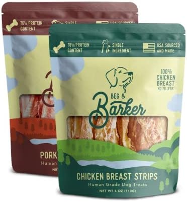 Beg & Barker Jerky for Dogs (Chicken & Pork, 4 oz (Pack of 2) - Dog Training Treats - Natural Dog Treats Made in The USA - Grain Free, Diabetic-Friendly, High Protein, Sugar-Free