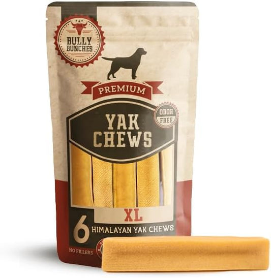 Bully Bunches Extra Large Authentic Yak Cheese Himalayan Chews for Large Dogs & Aggressive Chewers - All Natural Dog Treat Dental Chews, Made with Real Yak Milk - Lactose & Rawhide Free (6 PK)