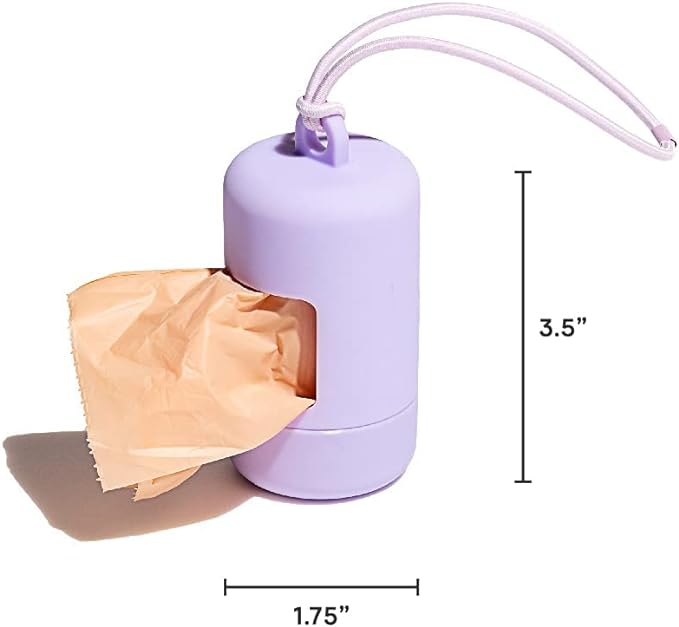 Wild One Dog Poop Bag Holder and Dispenser with Leash Attachment, Leak Proof, Easy Twist Top for Refills, Includes 1 Roll Poop Bags, Lilac