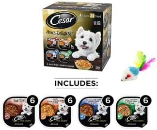 Cesar Home Delights Soft Wet Dog Food Pot Roast & Vegetable, Beef Stew, Turkey Potato & Green Bean, and Hearth Chicken & Noodle Variety Pack, 3.5 Ounce (Pack of 24), Easy Peel Trays with a Mouse Toy