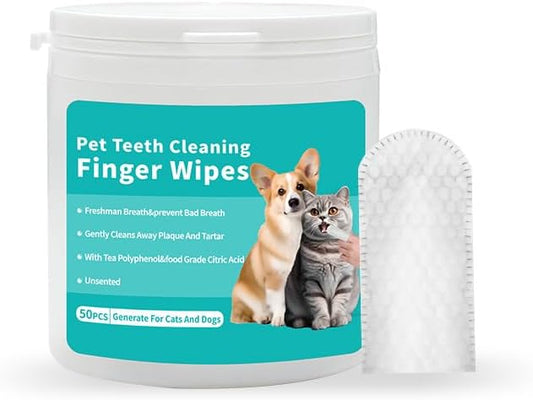 Pet Teeth Cleaning Finger Wipes, Remove Bad Breath by Removing Plaque and Tartar Buildup, No-Rinse Dogs & Cats Finger Toothbrush, Disposable Gentle Cleaning Care Pet Wipes, 50 Counts