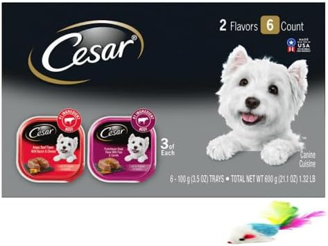 Cesar Soft Wet Dog Food Loaf & Topper in Sauce Angus Beef Flavor with Bacon & Cheese and Porterhouse Steak Flavor with Peas & Carrots Variety Pack, (6) 3.5 oz. Easy Peel Trays with a Mouse Toy