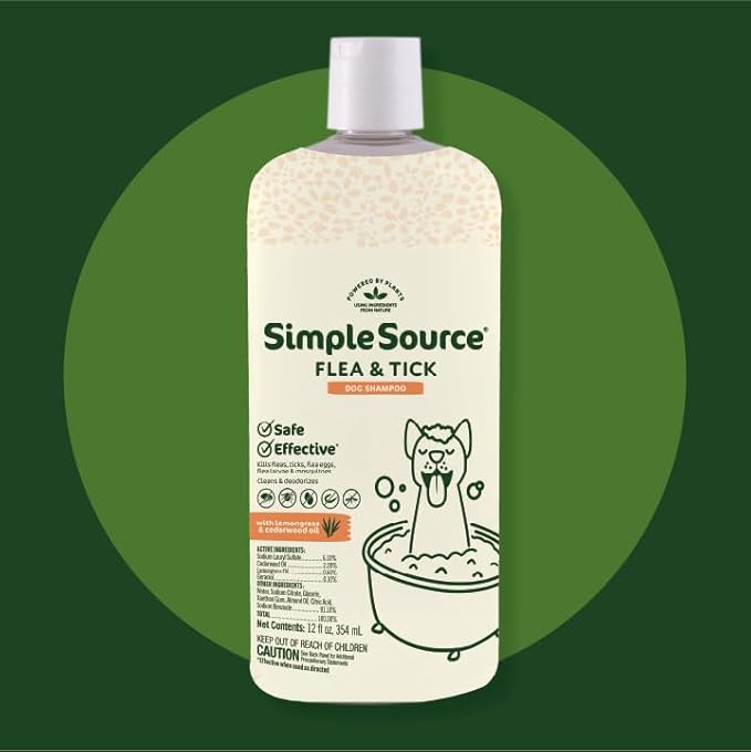 SimpleSource® Flea & Tick Shampoo for Dogs, Powered by Plants, Kills Fleas, Flea Eggs, Flea Larvae, & Ticks, & Mosquitos, Cleans & Deodorizes, 12oz Bottle