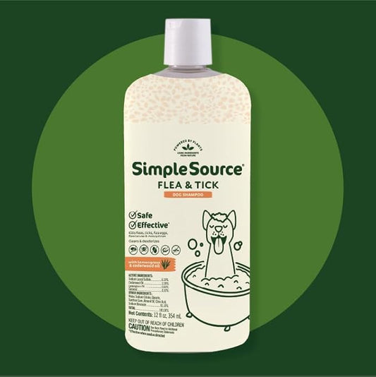 SimpleSource® Flea & Tick Shampoo for Dogs, Powered by Plants, Kills Fleas, Flea Eggs, Flea Larvae, & Ticks, & Mosquitos, Cleans & Deodorizes, 12oz Bottle