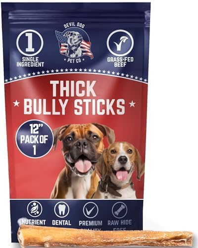 Devil Dog Pet Co Premium Bully Sticks for Dogs Pizzle Dog Chews - from 100% Grass-Fed, Free-Range Cattle - USA Veteran Owned (Thick, 12 Inch - 1 Pack)