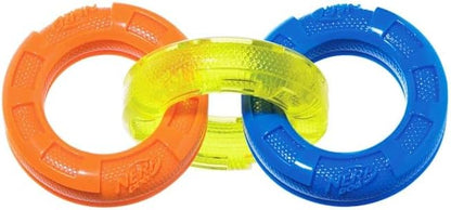 Nerf Dog 7.5in Rubber 3-Ring Tug Dog Toy, Lightweight, Durable and Water Resistant Dog Toy for Small Dogs, Single Unit, Blue/Green/Orange