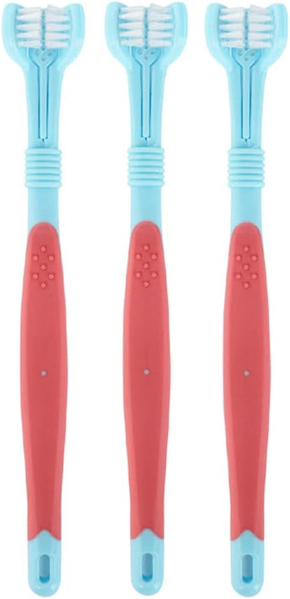 3 Pieces Plastic Nylon Three Head Multi Angle Toothbrush Cleaning Dog Cat Brush Bad Breath Teeth Care Tool,Red