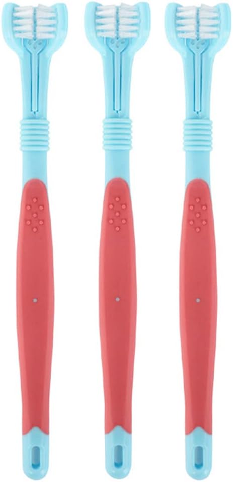 3 Pieces Plastic Nylon Three Head Multi Angle Toothbrush Cleaning Dog Cat Brush Bad Breath Teeth Care Tool,Red